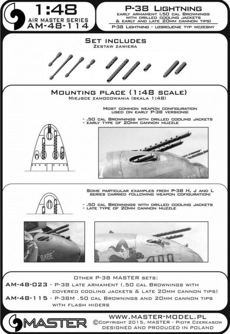 P-38 Lightning - early armament (.50 cal Brownings with drilled cooling jackets & early and late 20mm cannon tips)